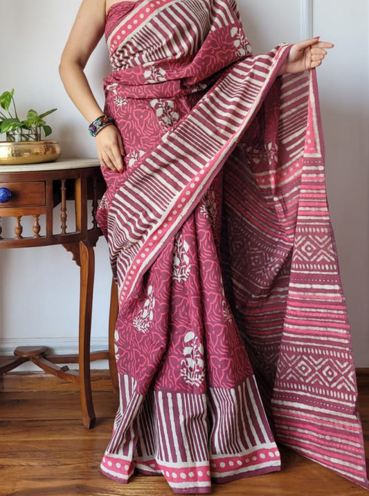 Rust Pink Bagru Print Cotton Saree with Stripes & Tribal Borders