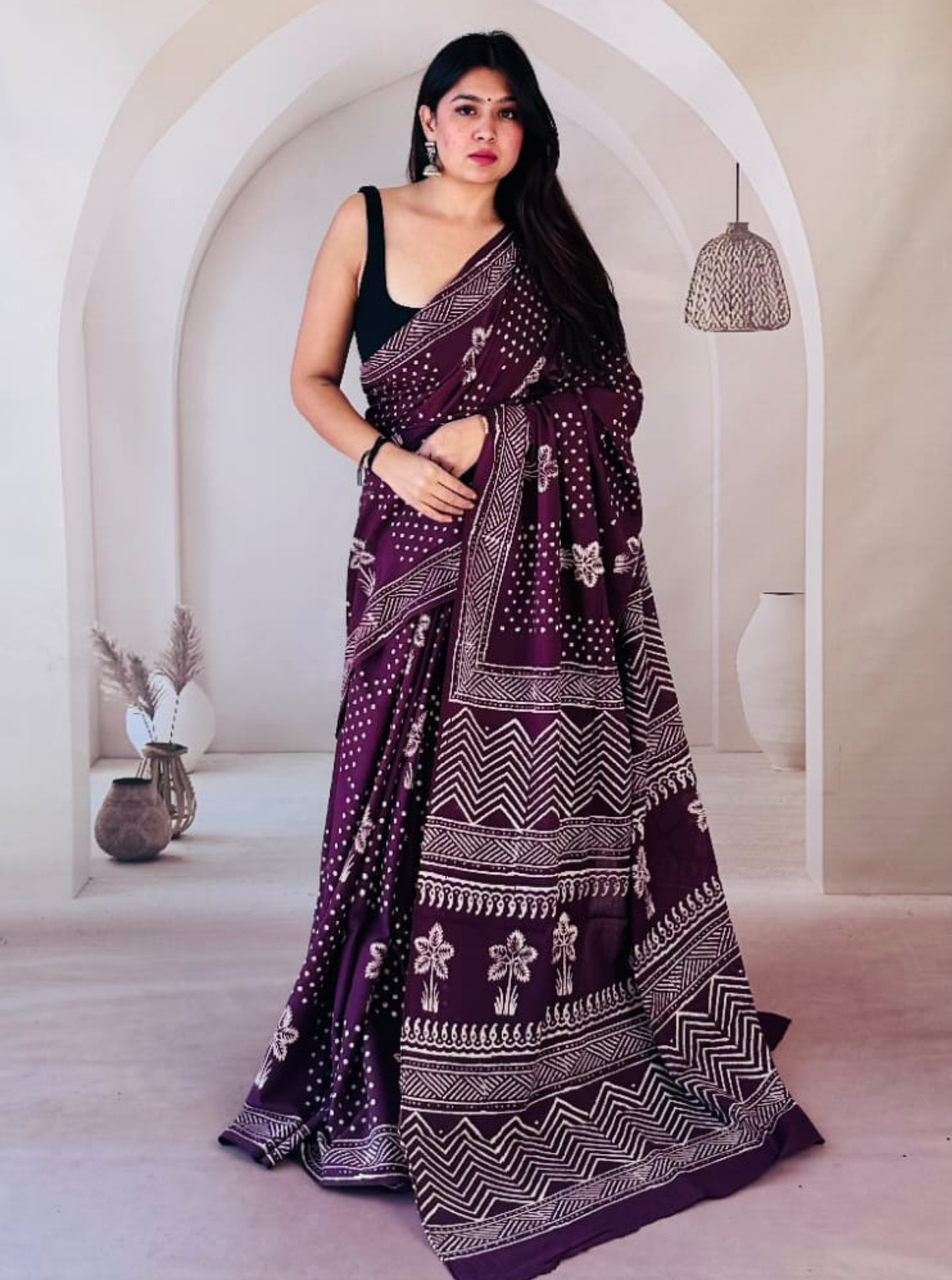 Deep Purple Cotton Jaipur Bagru Print Saree
