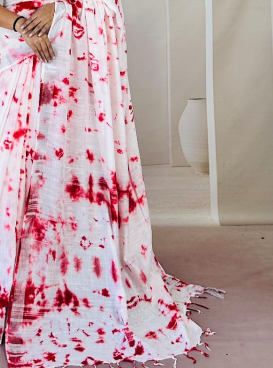 Elegant White & Red Tie-Dye Linen Cotton Saree