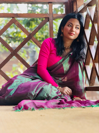 Rose Pink & Aqua Tissue Cotton Saree with Subtle Sheen