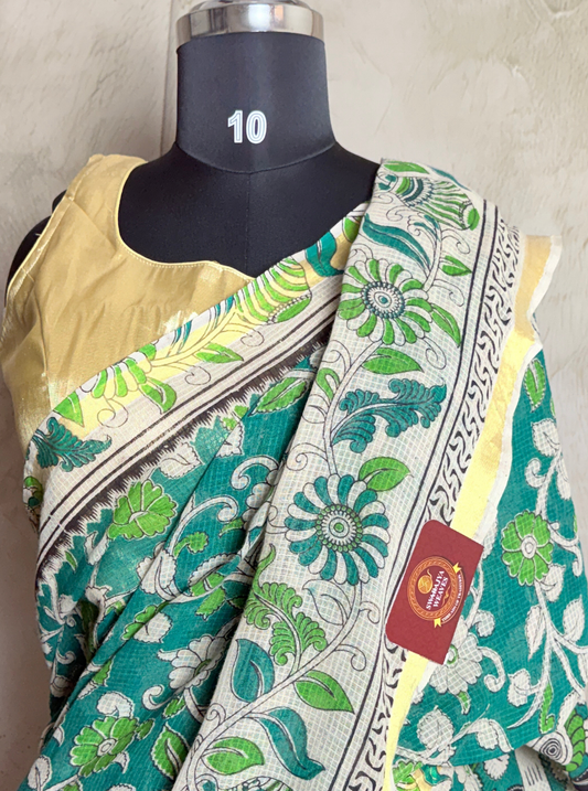 Emerald Green Kota Cotton Saree with Floral Vine Motifs & Ivory Border