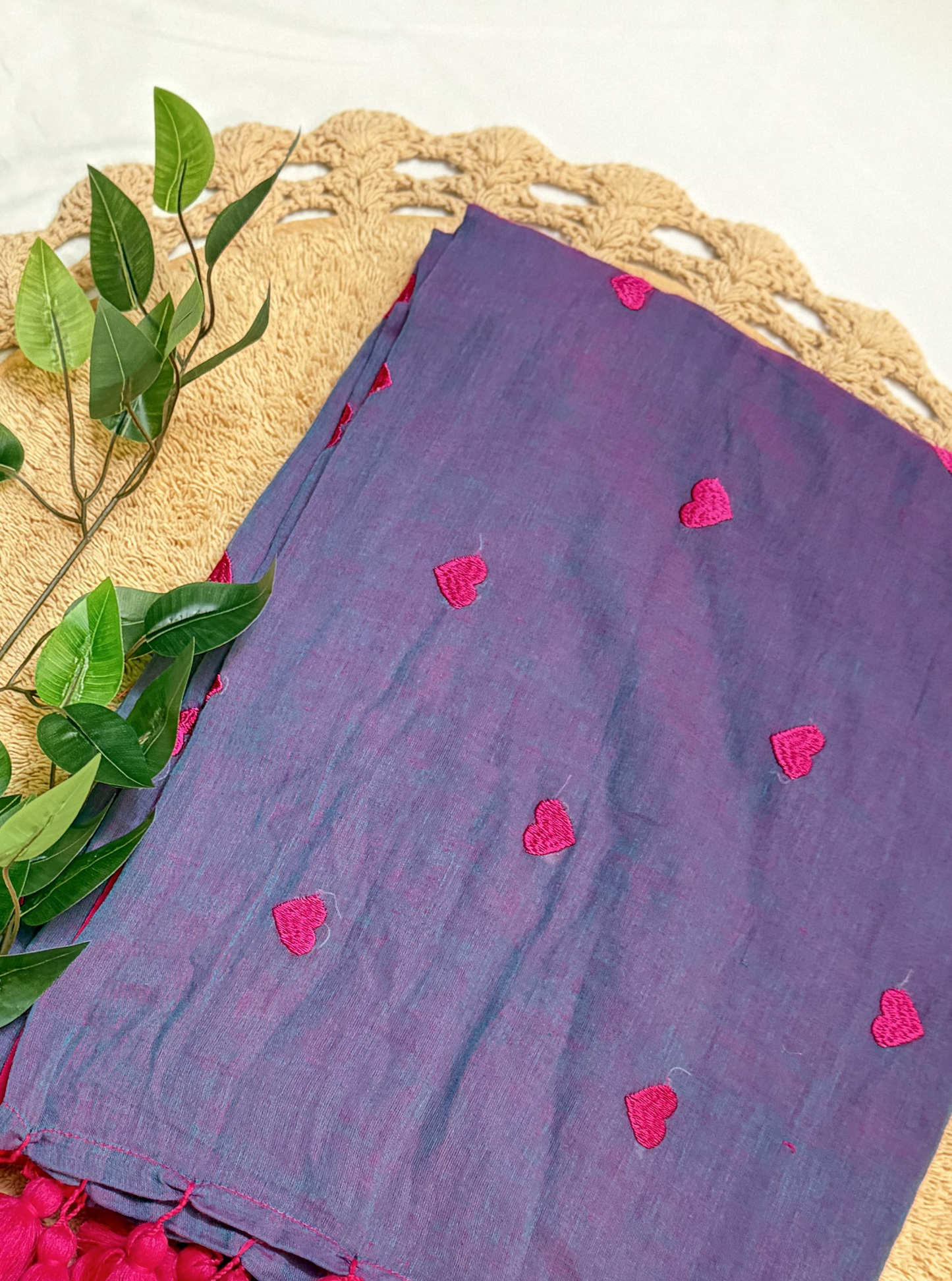 Twilight Purple Mul Cotton Saree with Pink Heart Motifs & Tassels