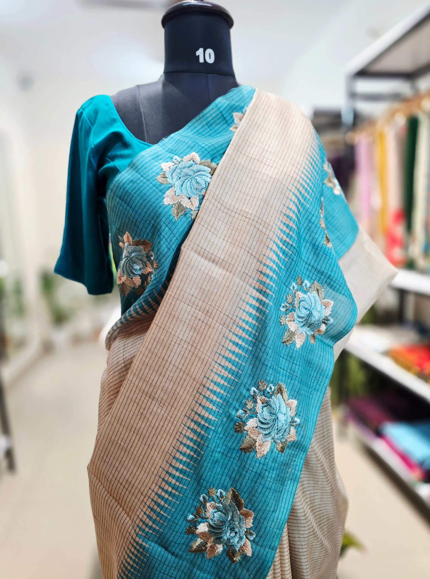Elegant Beige & Teal Tussar Silk Saree with Floral Embroidery