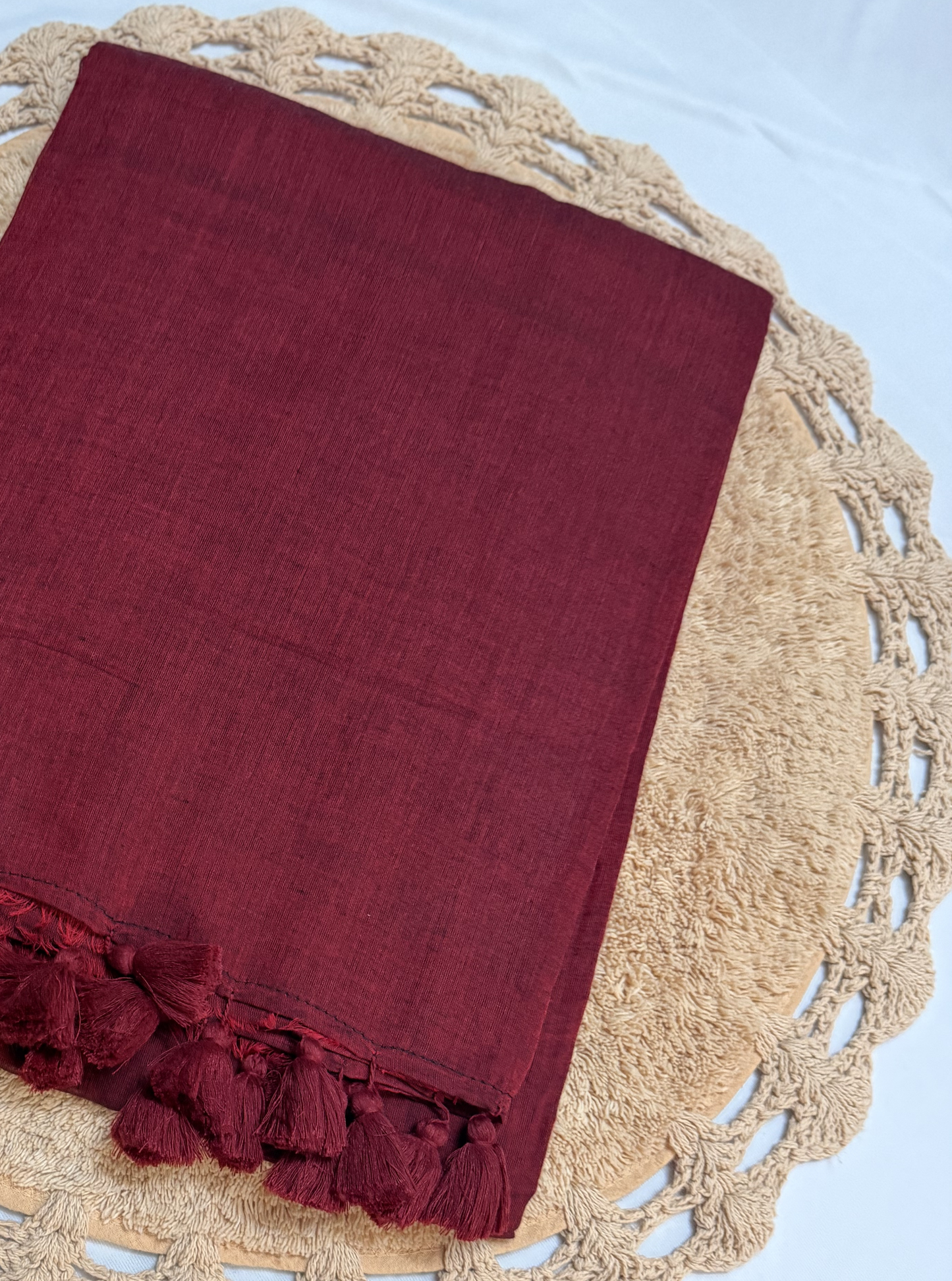 Classic Maroon Mul Cotton Saree with Tassel Pallu