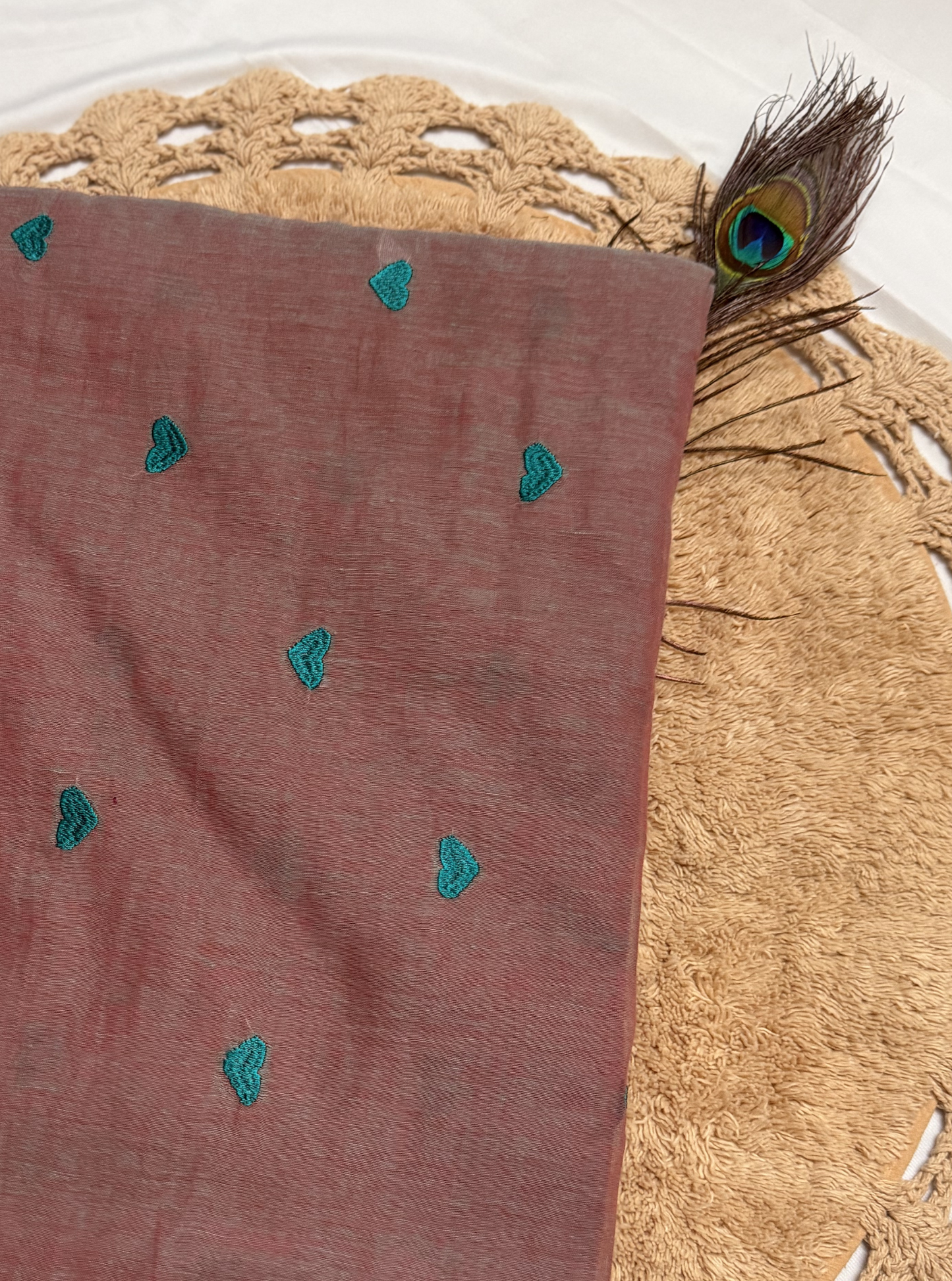 Subtle Dusty Pink Mul Cotton Saree with Minimal Embroidery & Green Tassels