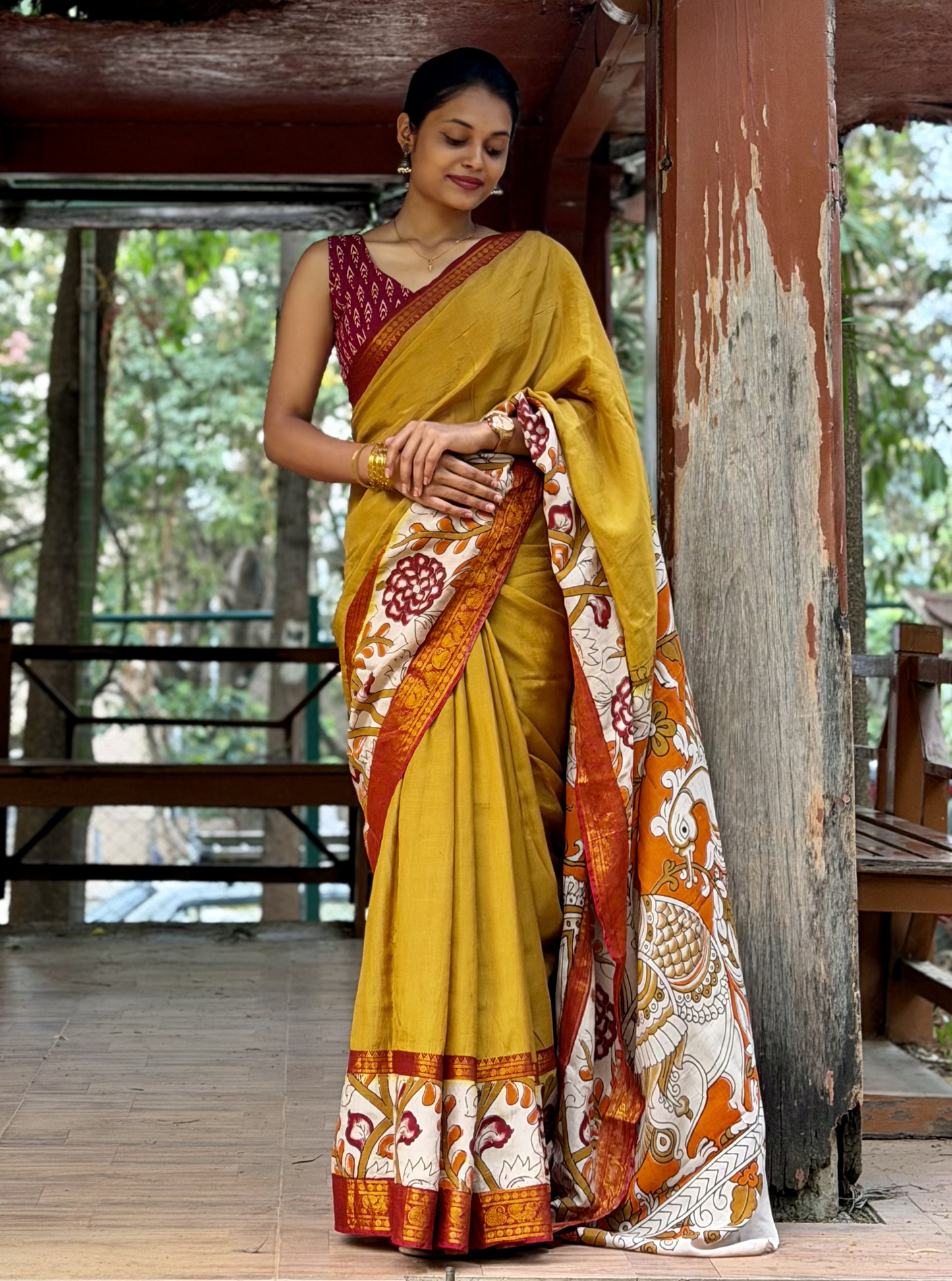 Mustard Kalamkari Mangalagiri Silk Saree with Artistic Pallu
