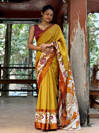Mustard Kalamkari Mangalagiri Silk Saree with Artistic Pallu