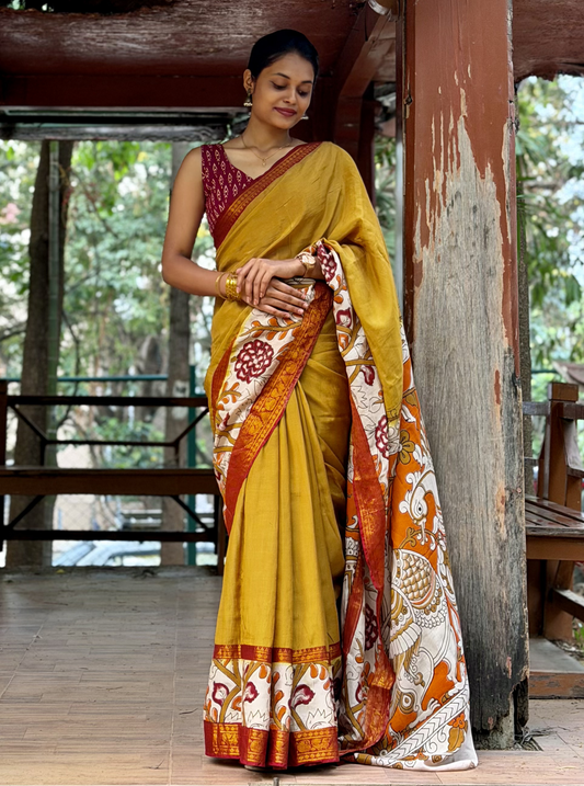 Mustard Kalamkari Mangalagiri Silk Saree with Artistic Pallu