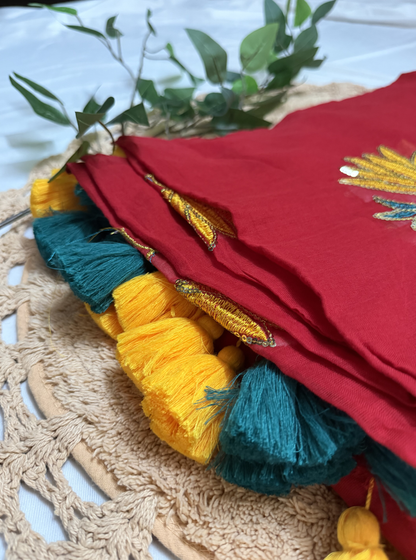 Elegant Red Mul Cotton Saree with Designer Embroidery & Contrast Tassels