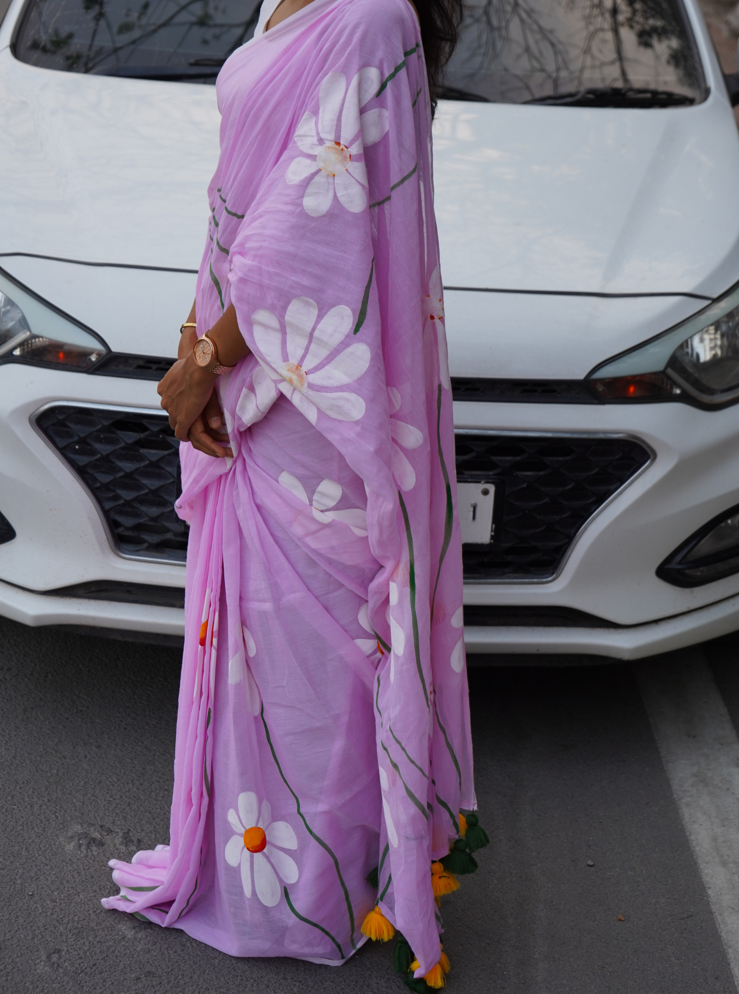 Pastel Pink Hand-Painted Mul Cotton Saree with Floral Art