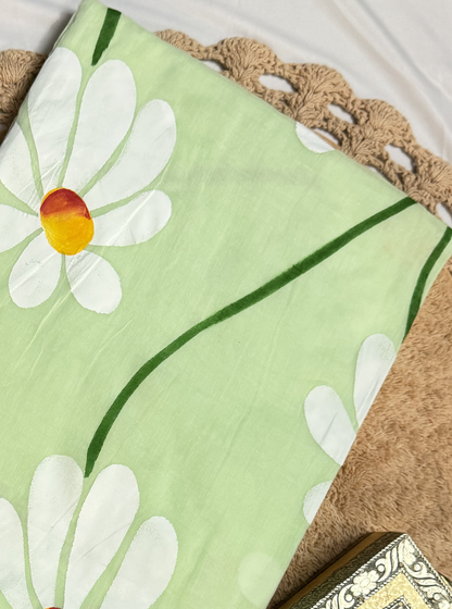 Mint Green Mul Cotton Saree with White Floral Hand-Painted Design