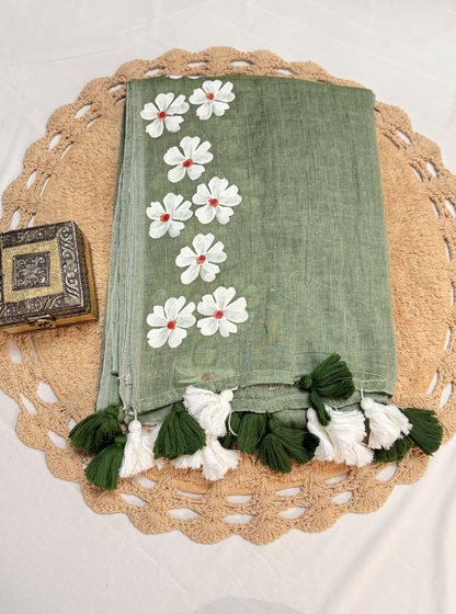 Sage Green Mul Cotton Saree with Handpainted Floral Trail & Tassels