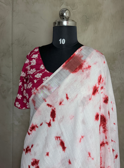 White Linen Cotton Saree with Crimson Tie-Dye Abstract Pattern