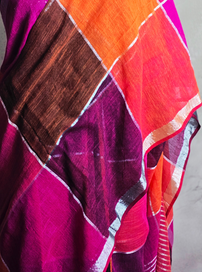 Vibrant Multicolor Linen Cotton Saree with Contemporary Checks
