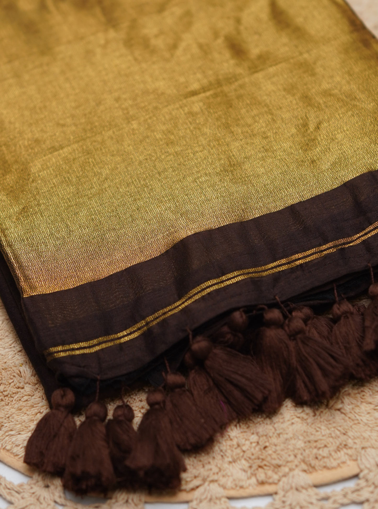 Chocolate Brown Mul Cotton Saree with Rich Gold Pallu & Tassels