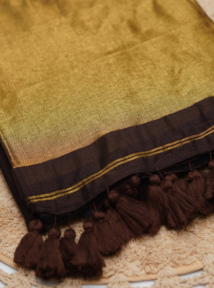 Chocolate Brown Mul Cotton Saree with Rich Gold Pallu & Tassels