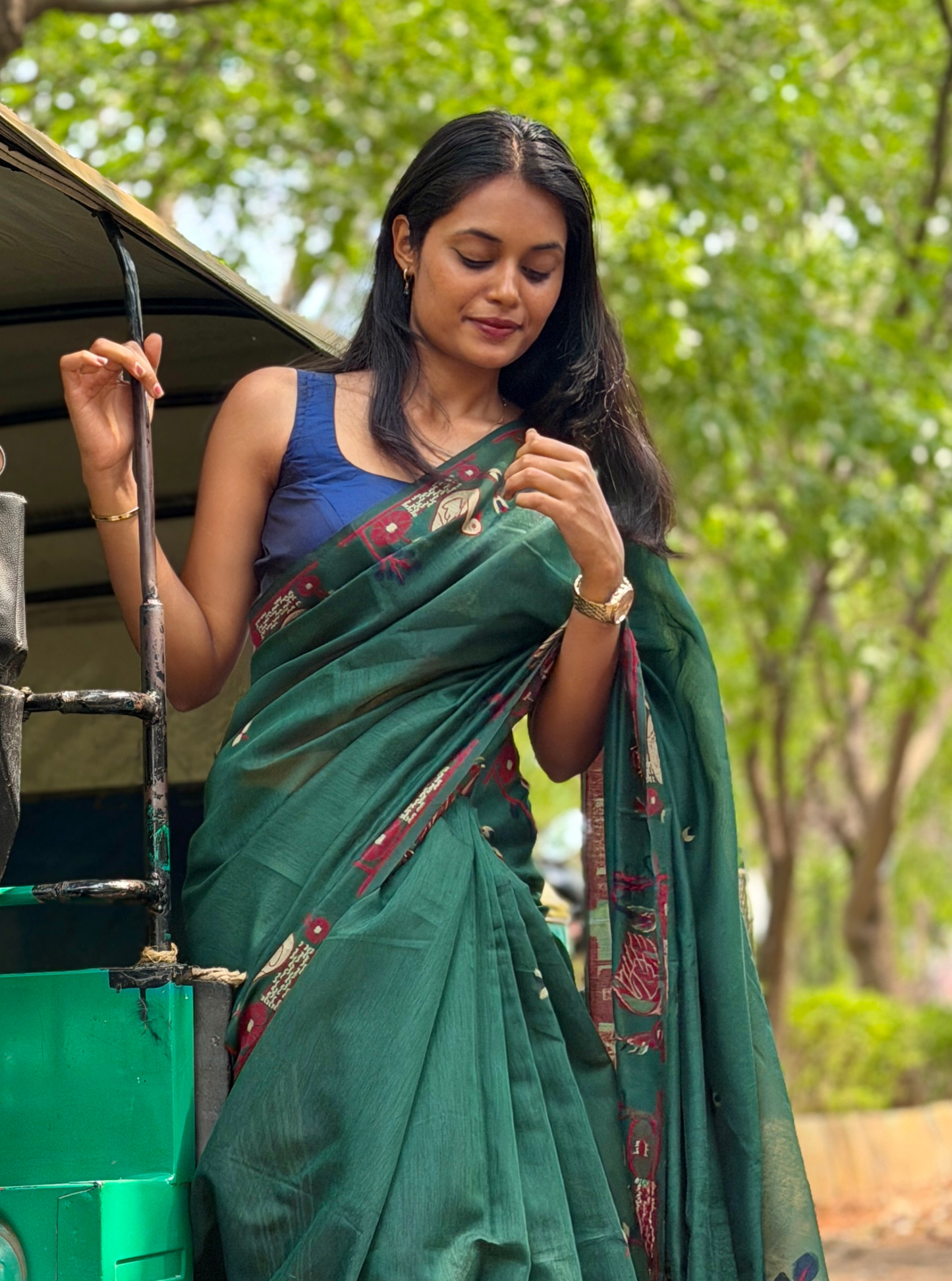 Elegant Forest Green Cotton Designer Saree with Artistic Border
