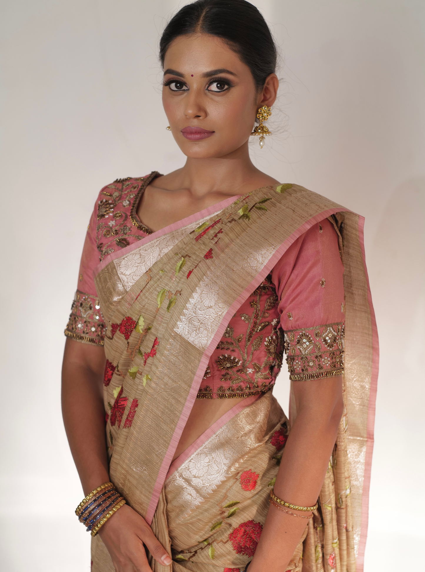 Beige Pink Matka Silk Tissue Saree with Floral Embroidery