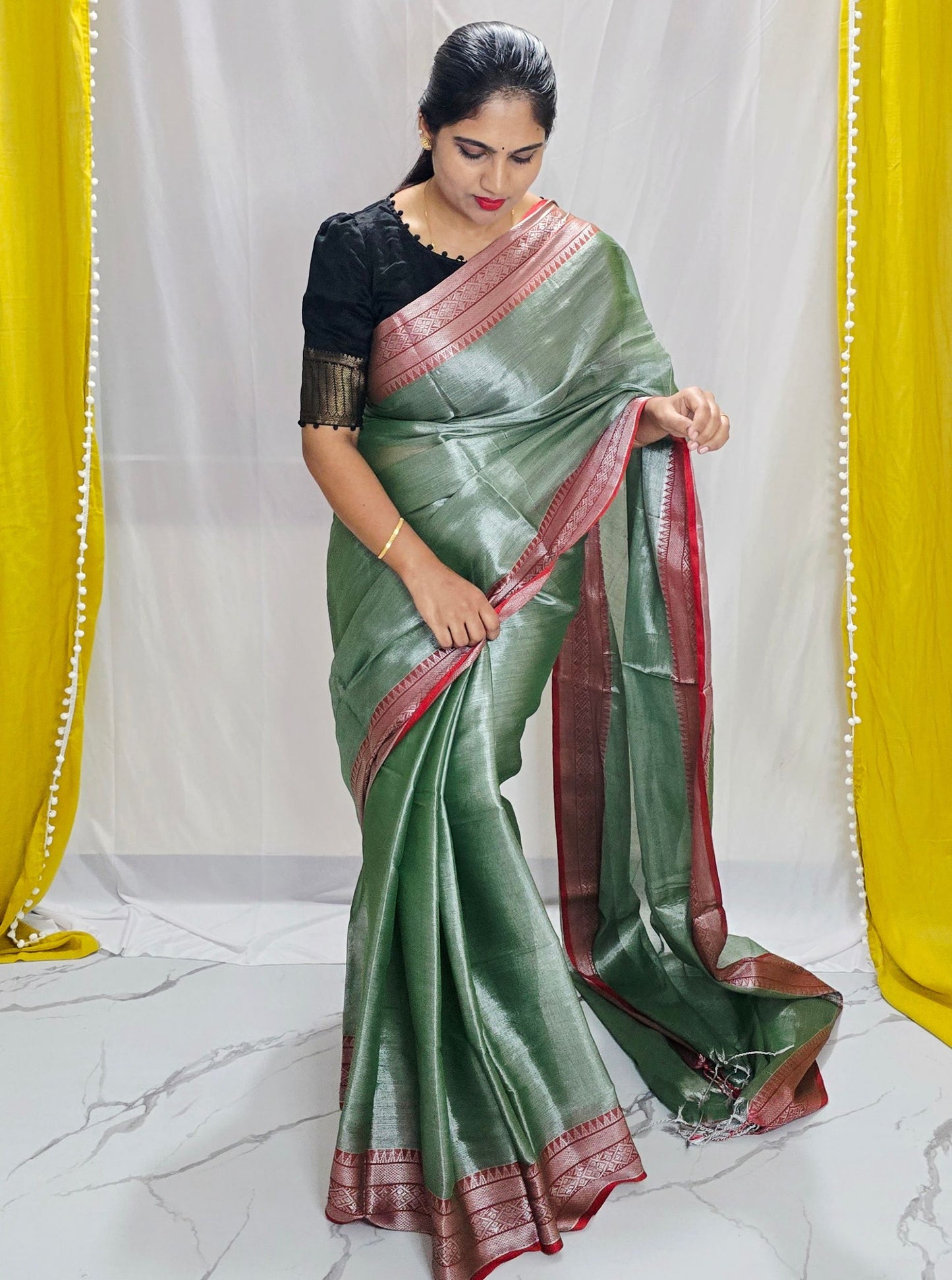 Sage Green Tissue Cotton Saree with Rose Gold Border & Subtle Sheen