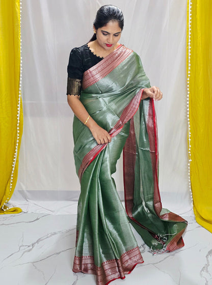 Sage Green Tissue Cotton Saree with Rose Gold Border & Subtle Sheen