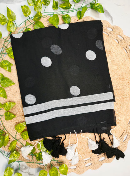 Elegant Black Mul Cotton Saree with Silver Polka Dots & Contrast Tassel Pallu