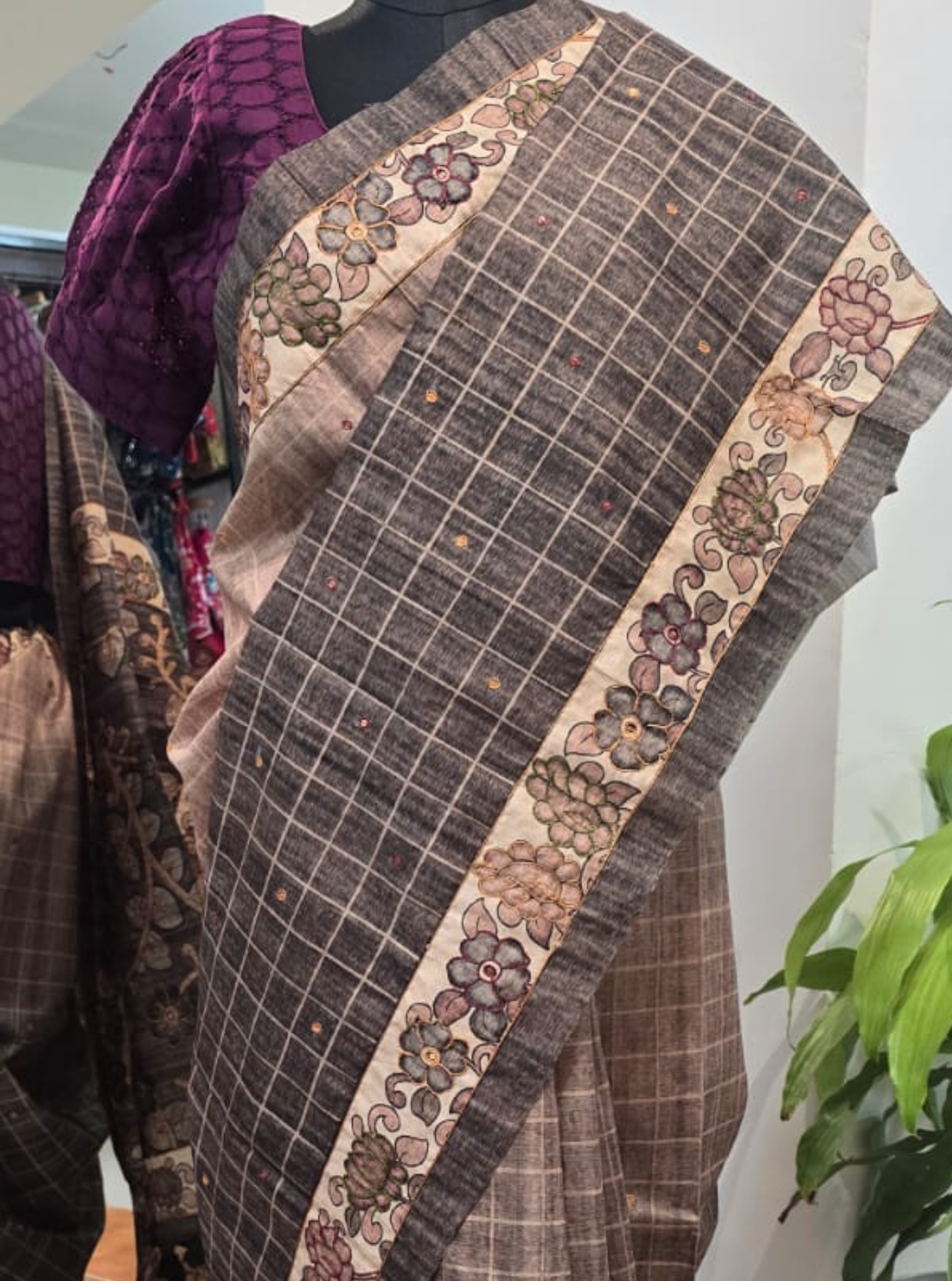 Brown Tussar Saree with Kantha Work & Floral Border Design