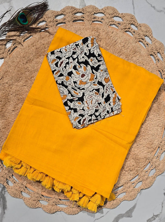 Mustard Yellow Mul Cotton Saree with Tasselled Pallu & Floral Printed Blouse