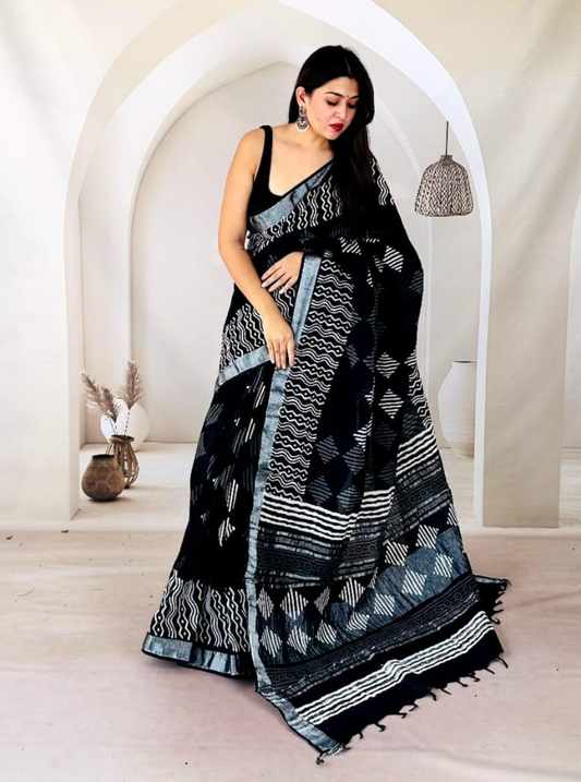 Classic Black Hand-Printed Linen Cotton Saree with Geometric & Wave Motifs