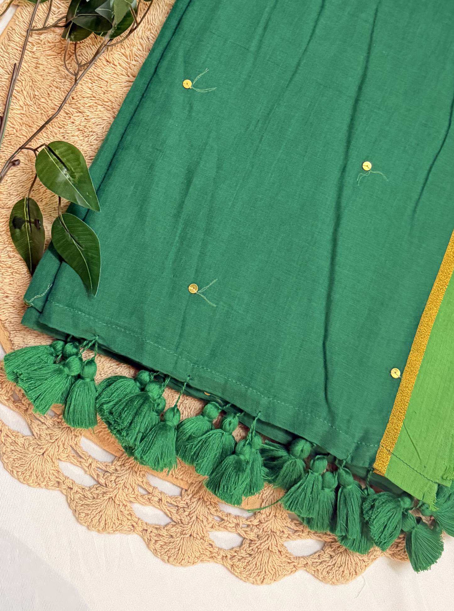 Emerald Green Mul Cotton Saree with Gold Border & Tassels