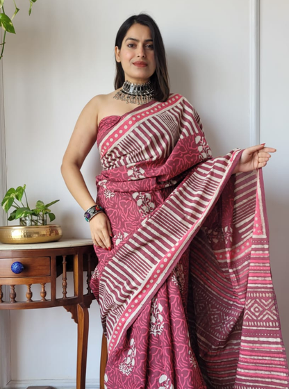 Rust Pink Bagru Print Cotton Saree with Stripes & Tribal Borders