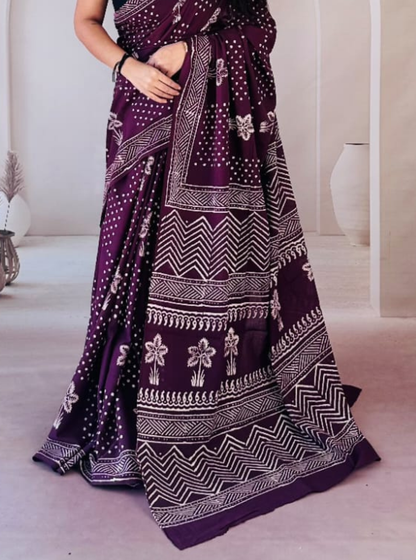 Deep Purple Cotton Jaipur Bagru Print Saree