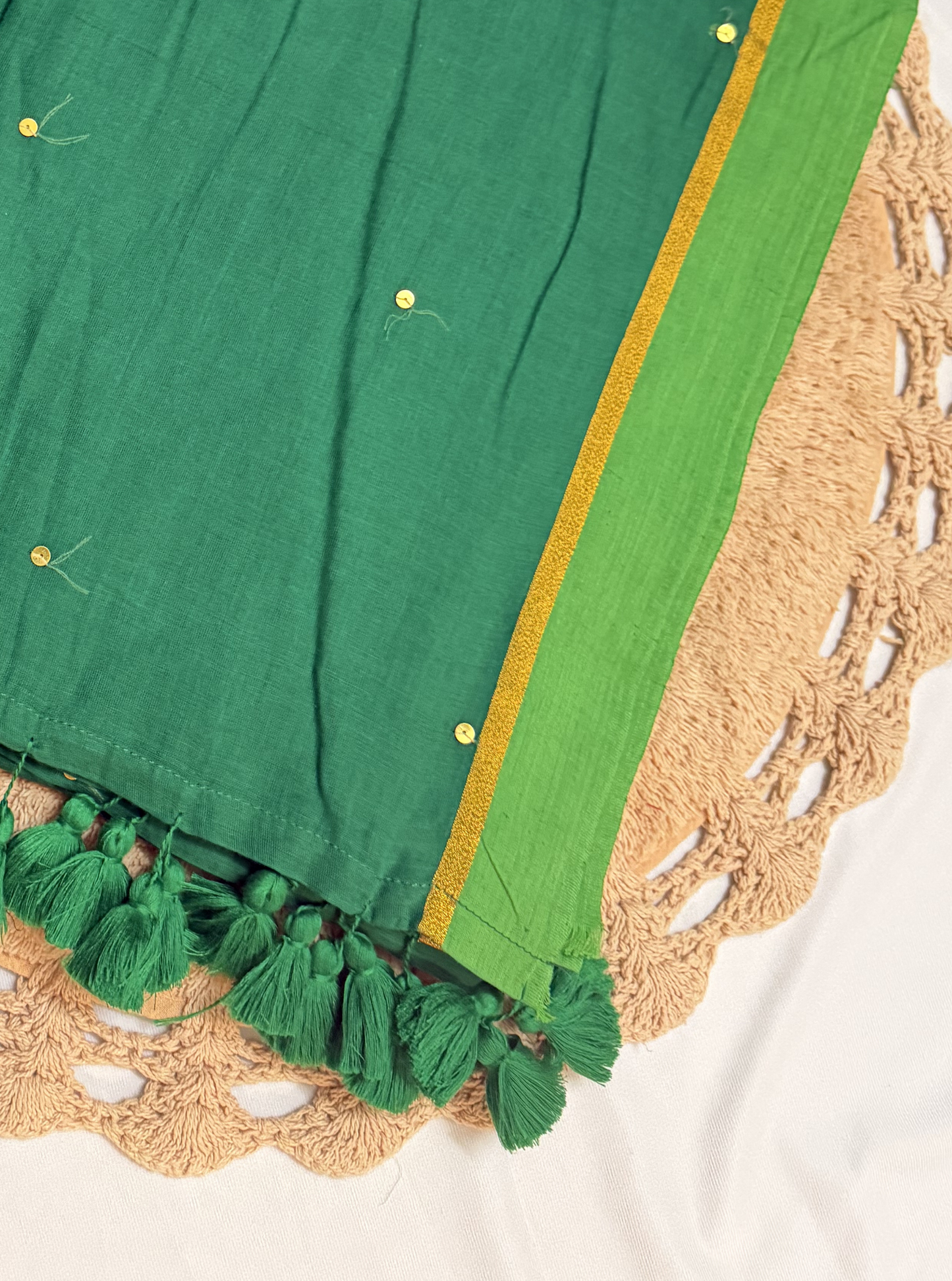 Emerald Green Mul Cotton Saree with Gold Border & Tassels