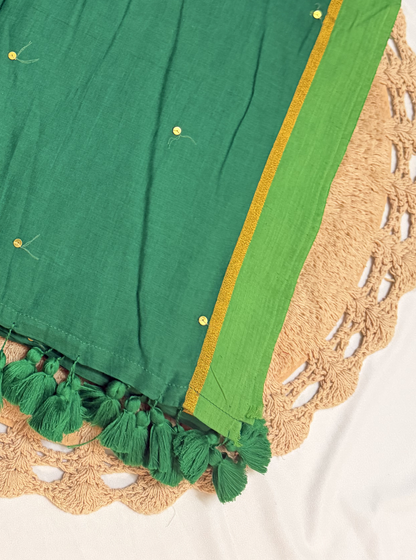 Emerald Green Mul Cotton Saree with Gold Border & Tassels
