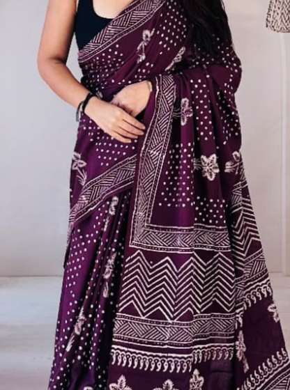 Deep Purple Cotton Jaipur Bagru Print Saree