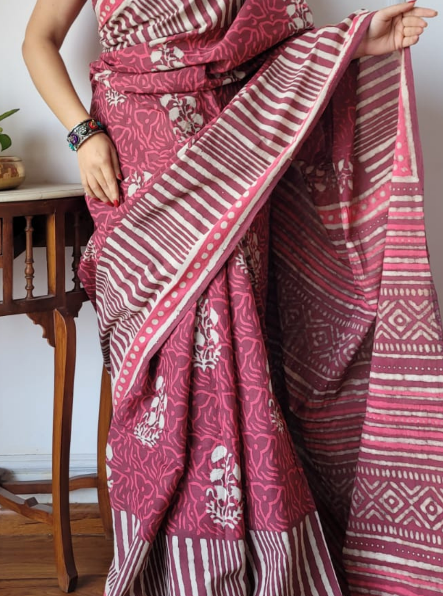 Rust Pink Bagru Print Cotton Saree with Stripes & Tribal Borders