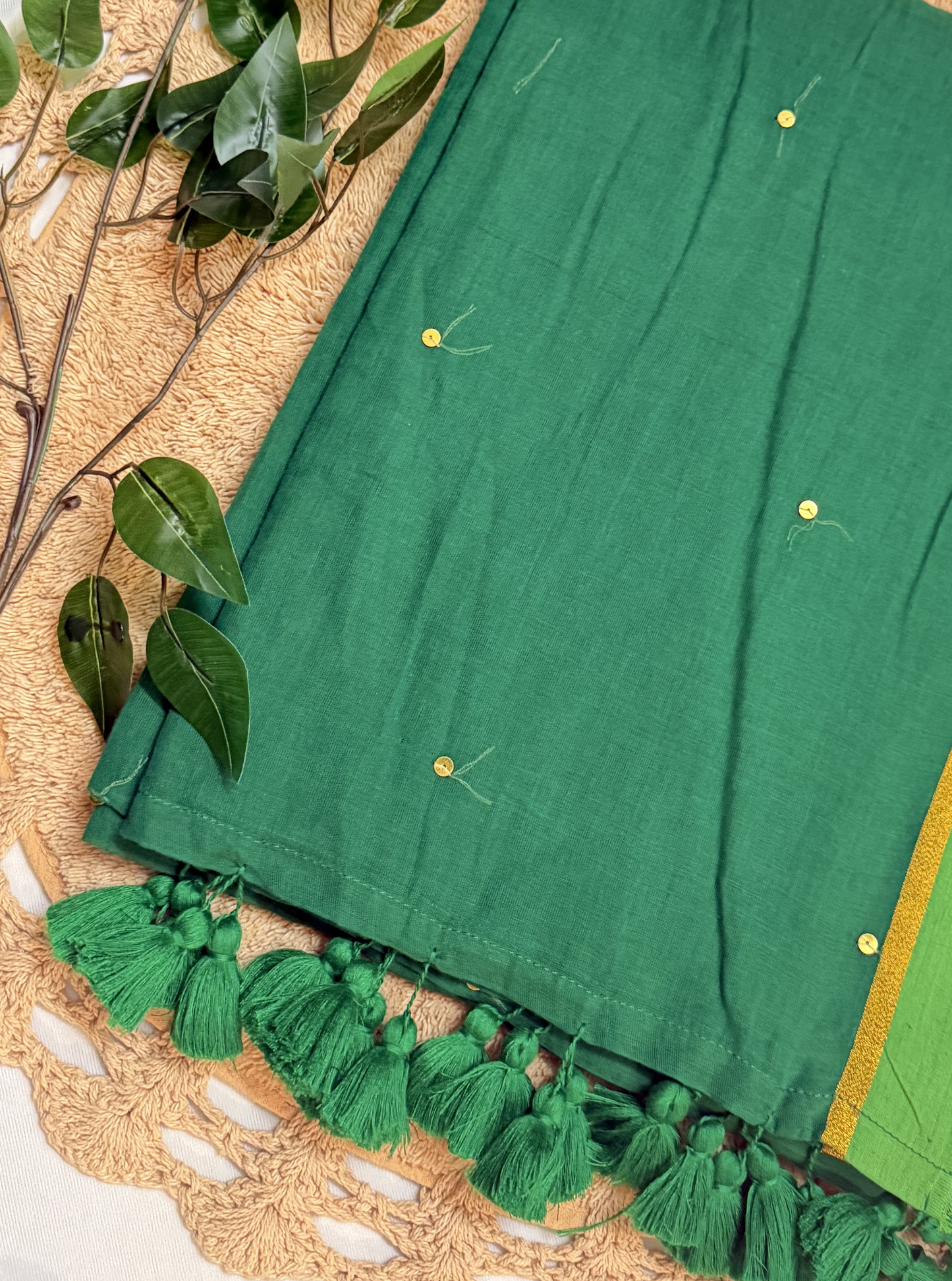 Emerald Green Mul Cotton Saree with Gold Border & Tassels