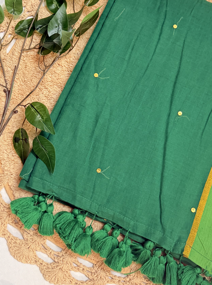 Emerald Green Mul Cotton Saree with Gold Border & Tassels