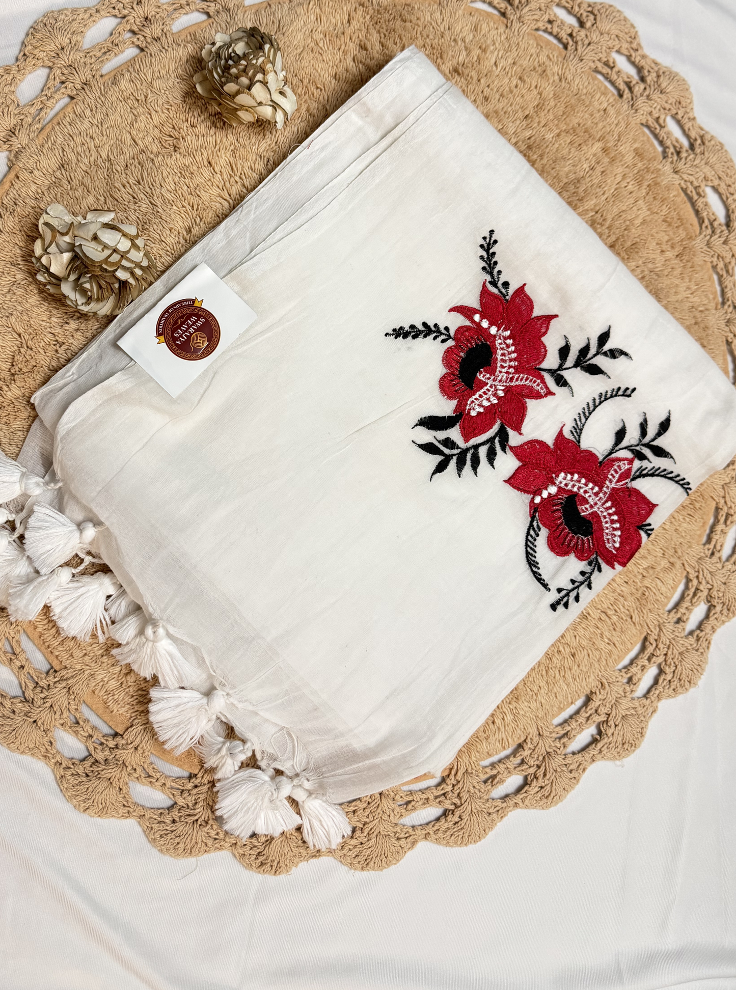 Ivory Mul Cotton Saree with Bold Red Floral Embroidery