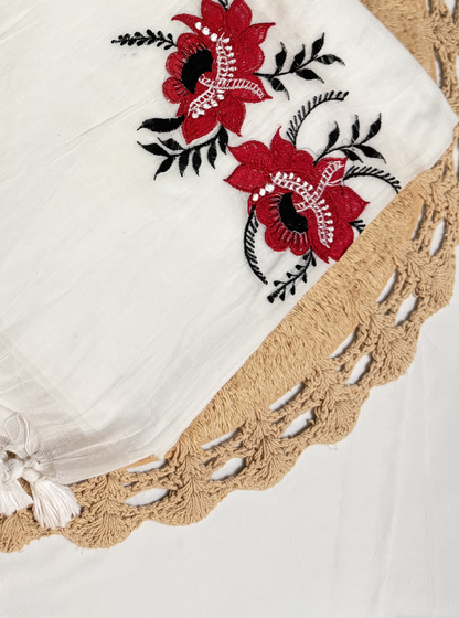 Ivory Mul Cotton Saree with Bold Red Floral Embroidery