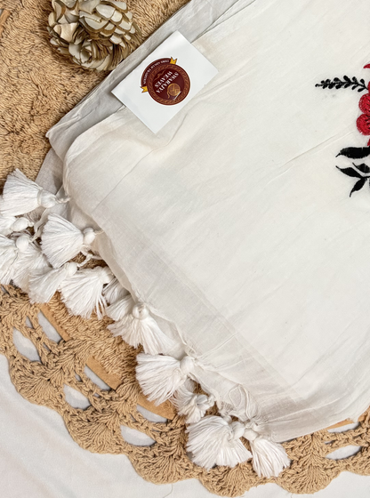 Ivory Mul Cotton Saree with Bold Red Floral Embroidery