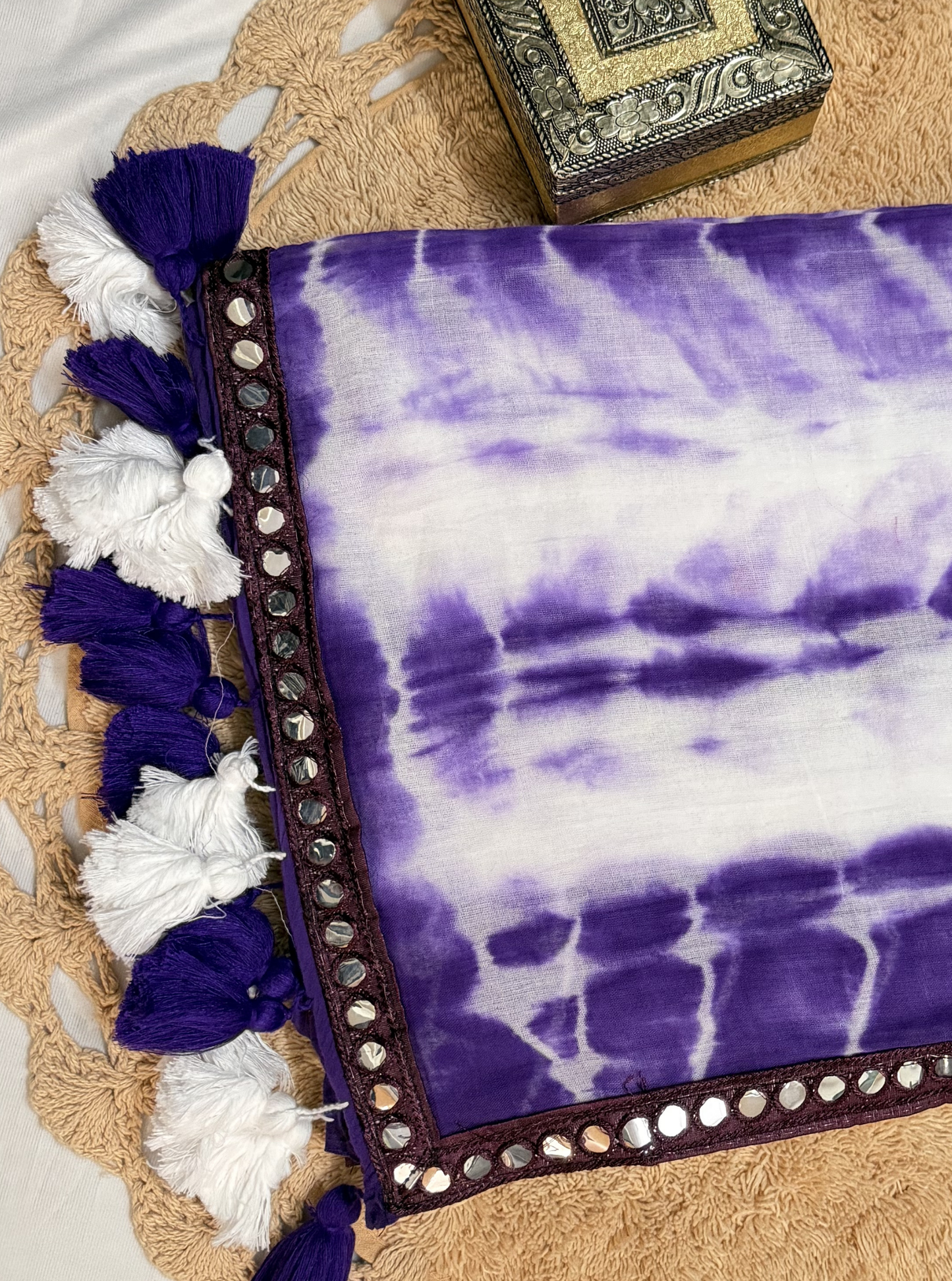 Purple Tie-Dye Mul Cotton Saree with Mirror Work Border