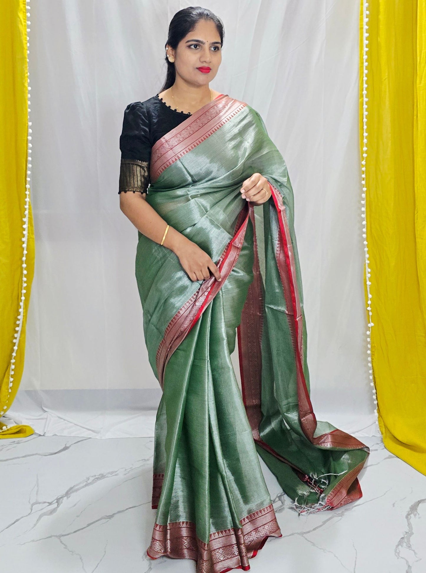 Sage Green Tissue Cotton Saree with Rose Gold Border & Subtle Sheen