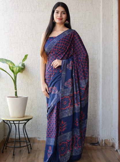 Elegant Navy Blue Modal Silk Saree with Ajrakh-Inspired Geometric Prints