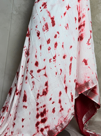 White Linen Cotton Saree with Crimson Tie-Dye Abstract Pattern