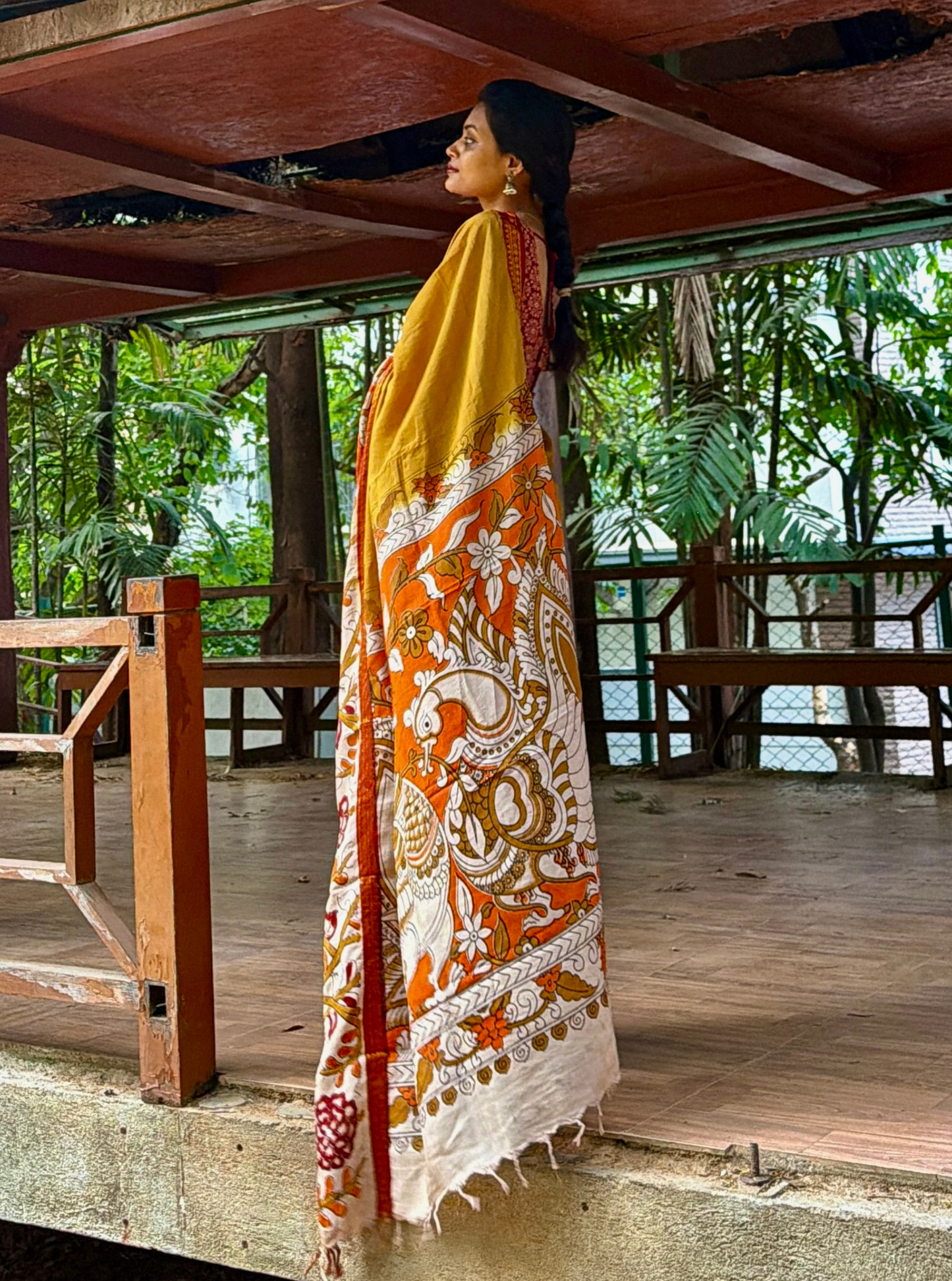 Mustard Kalamkari Mangalagiri Silk Saree with Artistic Pallu