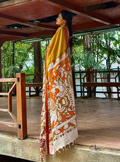 Mustard Kalamkari Mangalagiri Silk Saree with Artistic Pallu