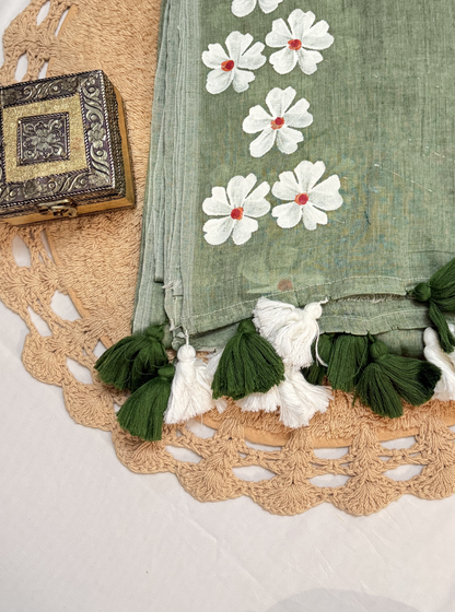 Sage Green Mul Cotton Saree with Handpainted Floral Trail & Tassels
