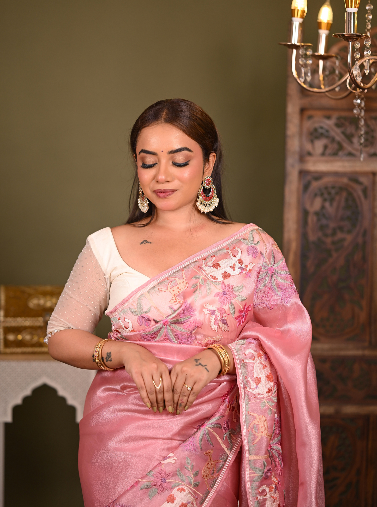 Elegant Pink Tissue Silk Saree with Floral Embroidery Border