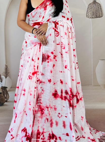 Elegant White & Red Tie-Dye Linen Cotton Saree