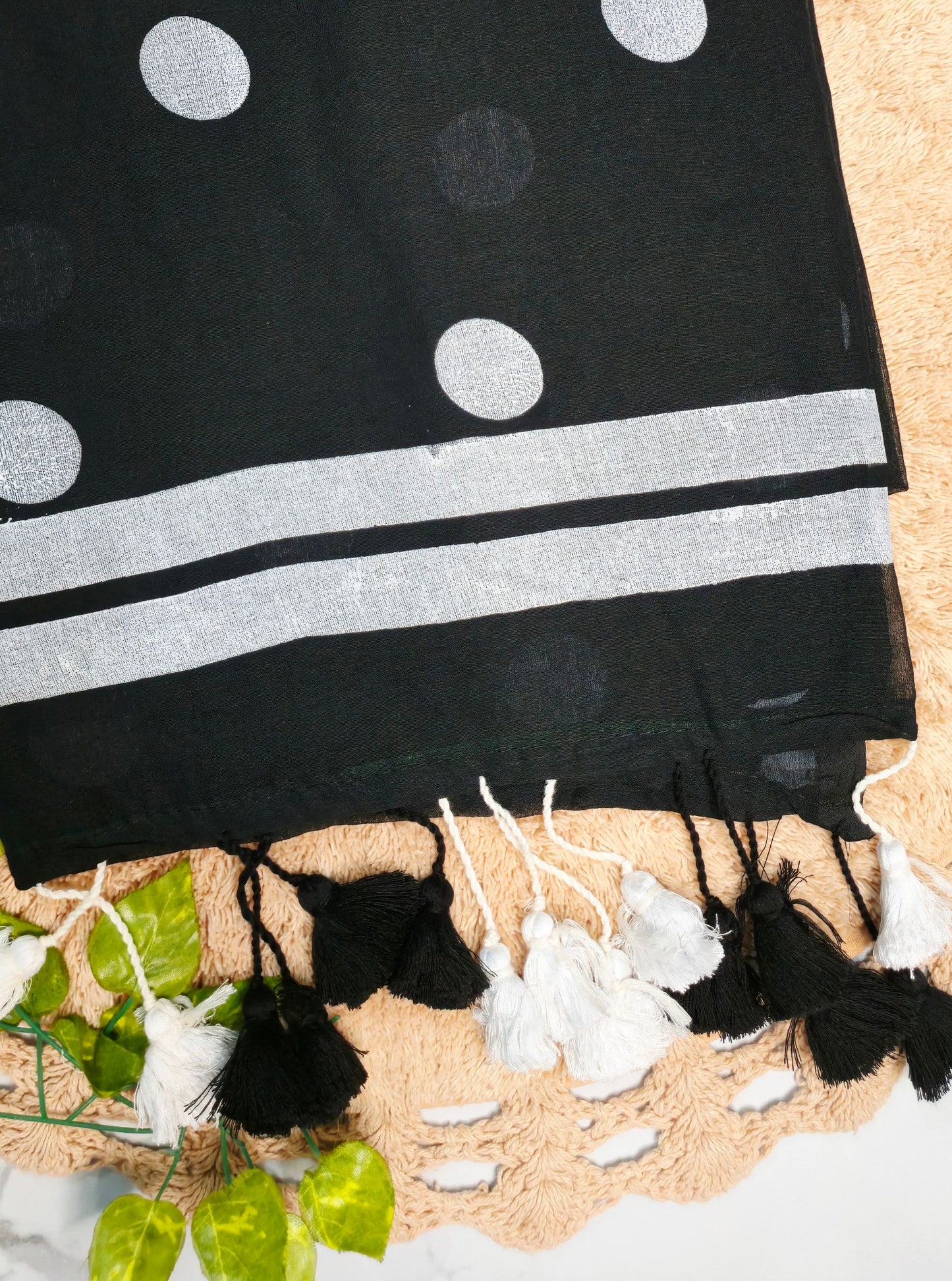 Elegant Black Mul Cotton Saree with Silver Polka Dots & Contrast Tassel Pallu